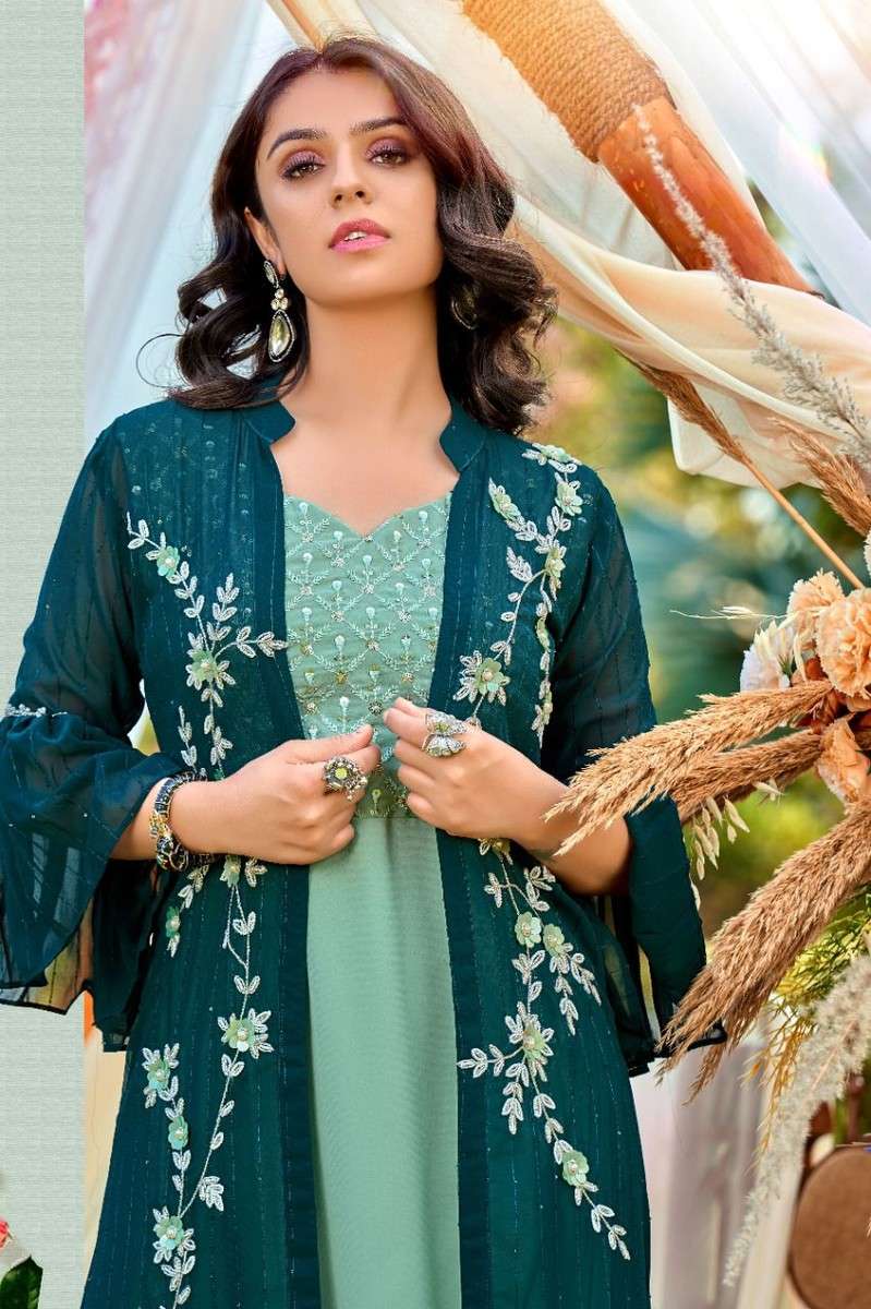 M&m-Arzoie-Georgette-Hand Work-Kurti-Pant-Jacket-1005-C